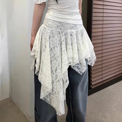 Asymmetrical Lace Skirt Pants Women High Waist Layered Skirt Y2k Japanese Vintage Jacquard Short Skirt 2025 Spring Clothing.