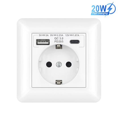 SRAN USB-Wandsteckdose, 20 W, schnelles Laden und 5 V, 2 A, EU-Standard, 82 x 82 mm, flammhemmendes PC-Panel, USB-Typ-C-Kombination