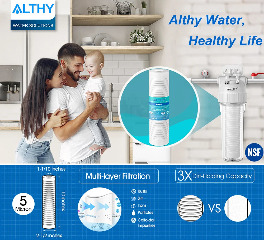 ALTHY 5 Micron Whole House Sediment Water Filter System Prefilter Purifier, 10 Inch PP cotton Pre filter.
