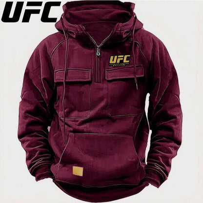 UFC Autumn Winter Men's Hooded Solid Hoodies Sweatshirts Sports Outdoor Casual Hoodie Coat Jackets Multi Pockets Male Zipper.