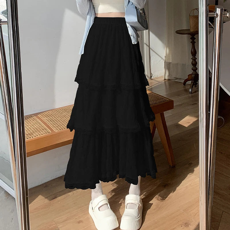 Sweet Lace Women Cake Puff Chiffon Skirts Summer Stylish Tierred Pleated Hem Solid Long Skirt Korean A-Line High Waist Skirts.