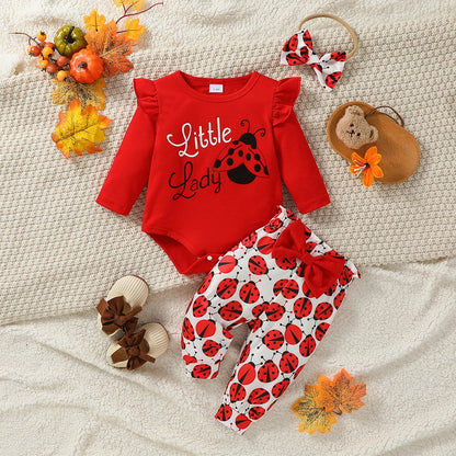 3-28M Baby Girl Fashion Clothes Infant Long Sleeve Cartoon Ladybird Bodysuit +Pant Set+Headband 3PCS.