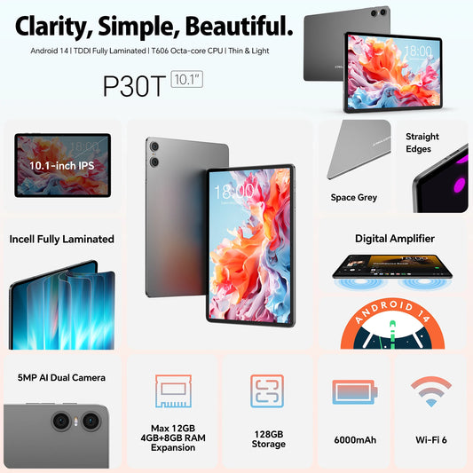 Teclast P30T Set 10.1" Tablet Android 14 T606 8-core Max 12GB RAM 128GB ROM 6000mAh Keyboard/Case/Mouse/Stylus/Headphone/Stand.