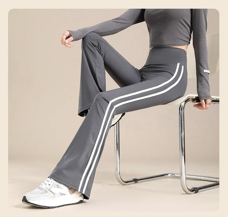 Womens High Waisted Yoga Fitness Leggings American Style Running Butt Lift Stretch Gym Workout Fashion Striped Flared Leggings.