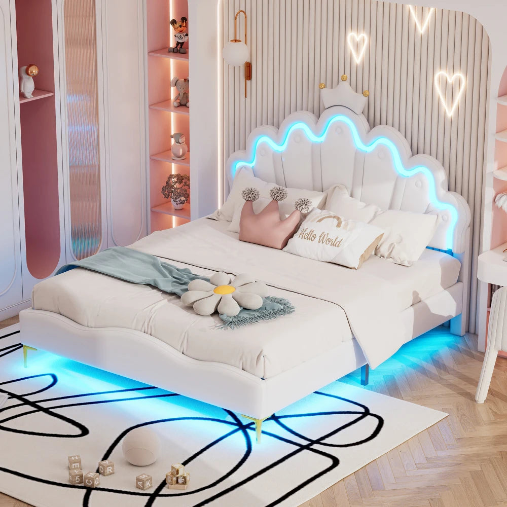 Polsterbett ohne Matratze, ferngesteuertes Umgebungslichtbett mit 2 Schubladen, kronenförmiges Prinzessinnenbett, verstellbarer Kopf, PU, Weiß