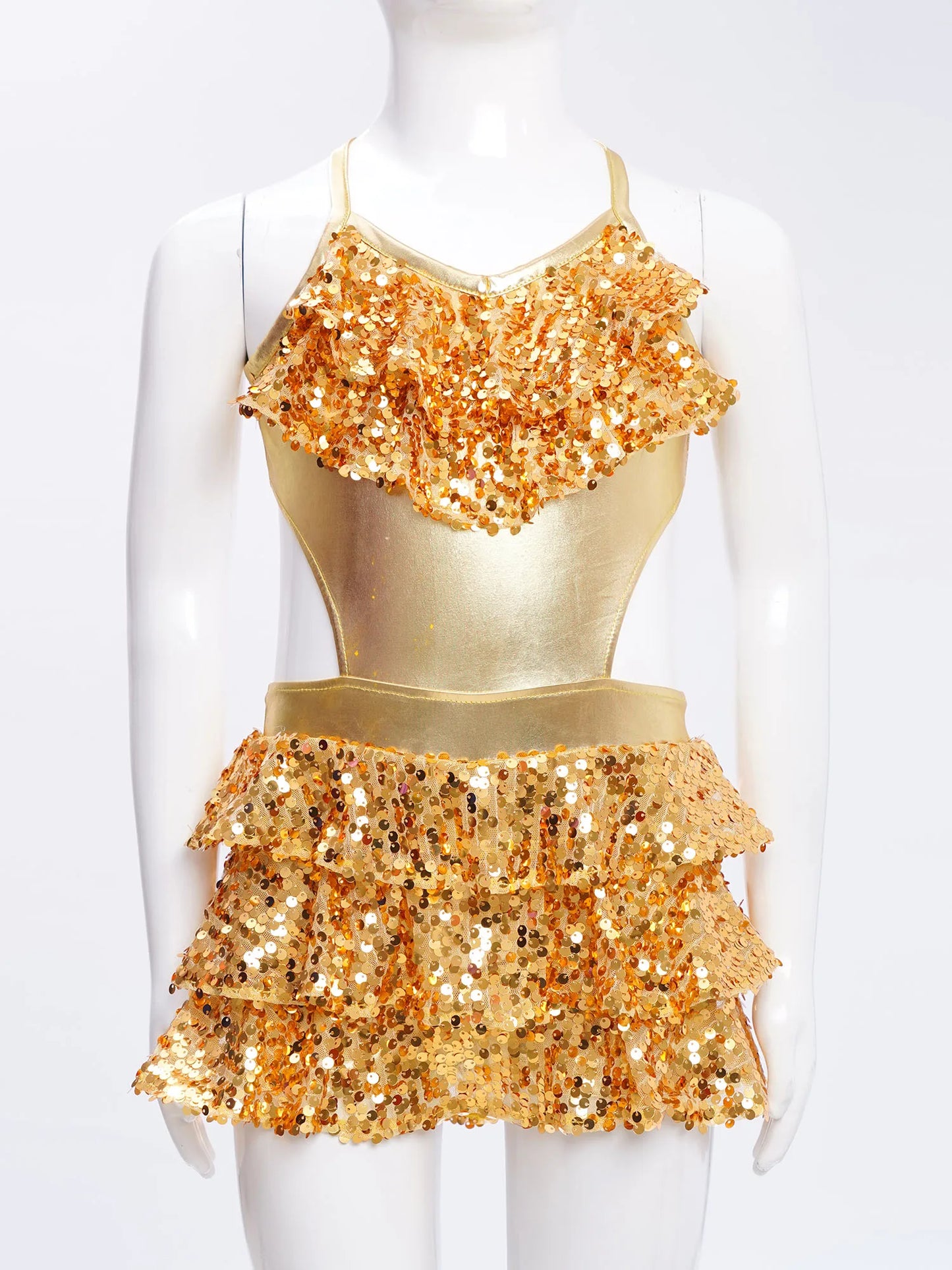 Kinder Mädchen Pailletten Jazz Ballett Tanzkleid Ärmellos Ausschnitt Tiered Rüschen Trikot Salsa Samba Rumba Skating Performance Kostüm.