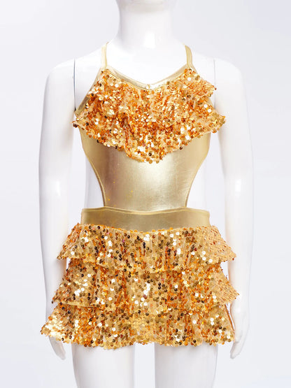 Kinder Mädchen Pailletten Jazz Ballett Tanzkleid Ärmellos Ausschnitt Tiered Rüschen Trikot Salsa Samba Rumba Skating Performance Kostüm.