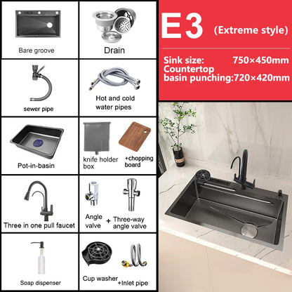 Stainless Steel Kitchen Sink Embossed Large Single-Slot With Kitchen Faucet Multifunctional Washbasin for Apartment