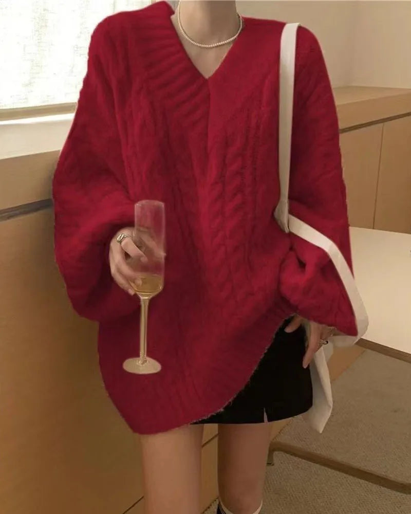 Herbst Winter Frauen Pullover Harajuku Übergroßen Gestrickte Pullover Koreanische Langarm V-ausschnitt Strickwaren Preppy Solide Lose Jumper