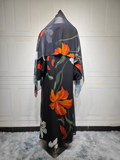 Uni Dubai Fashion Floral Print Open Abaya Muslim Elegant Cardigan With Hijab Scarf 2025 Feminine Clothes.