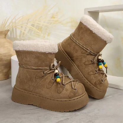 Chunky Platform Non Slip Furry Snow Boots Women 2025 Winter Soft Thick Bottom Warm Plush Ankle Boots Colorful Bead Lace Up Shoes