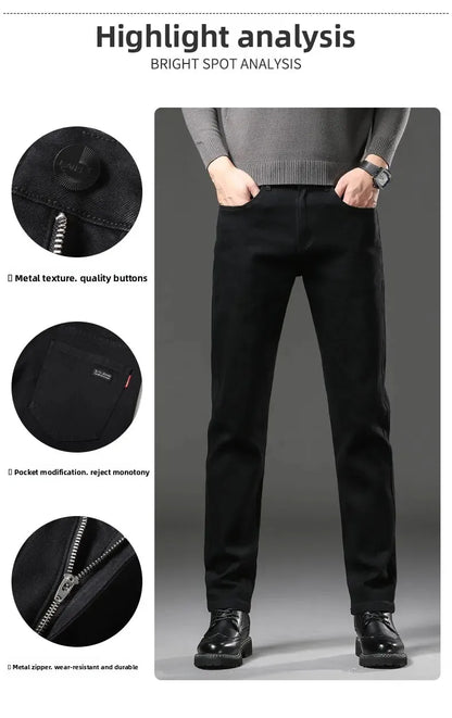 Men's Black Straight Leg Jeans Casual Elastic Business Pants High Waist Slim Fit Long Trousers New 2025 Gray Color.