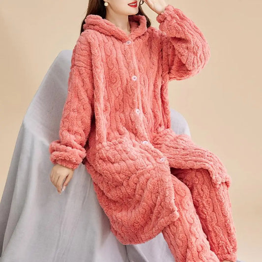 Korallen Samt Frauen Pyjama Set Verdicken Samt Rippen Fleece Set Pullover Hosen Frauen Pyjama Sets 2024, Homewear Frauen Nachtwäsche.