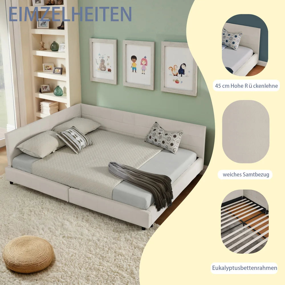 Modernes Einzelbett 90*200 cm, hautfreundliches Samtdesign, Babybett mit hoher Rückenlehne, Beige und Dunkelgrau (ohne Matratze)