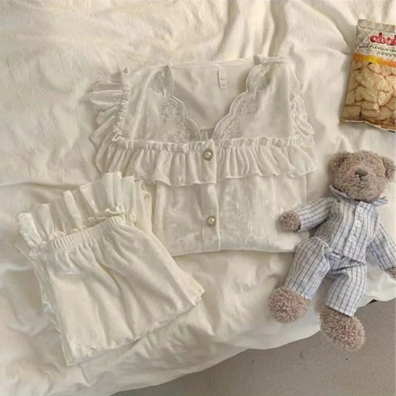 Soft Velvet Pajama Set Women Loose Home Wear Sleeping Velour Autumn Winter New Warm Sleepwear Female Nightie Ins Underwear.