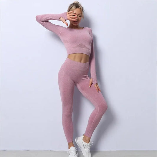 Women Yoga 2 Pieces Workout Outfits Seamless High Waist Leggings Sports Crop Top Running Clothes Sets.