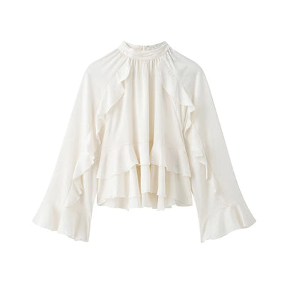 Women's Long Sleeve Ruffled Blouse Stand Collar Chic Fashion Top Elegant Female Shirt.