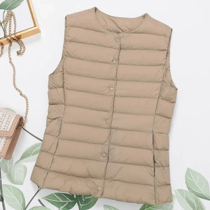 2023 Neuankömmlinge Herbst Winter warme Frauen ärmellose Daunen futter Taillen mantel weibliche ultraleichte weiße Enten Daunen weste Jacken.