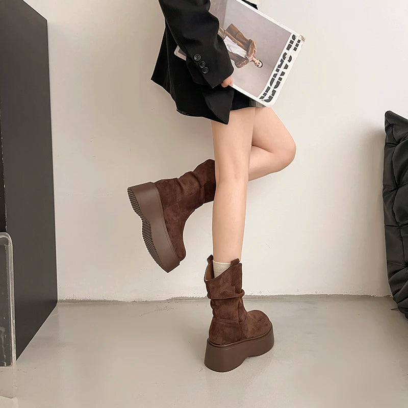 Chunky Platform Thick Sole Woman Ankle Boots Design Round Toe Slip On Shoes  2025 Autumn Winter Short Botas Para Mujer