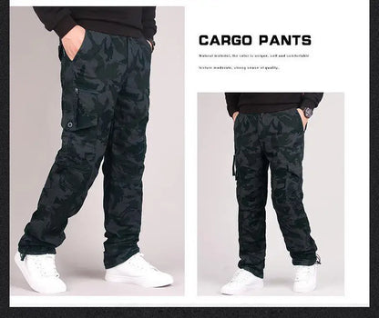 Autumn Winter Mens Cargo Pants Fleece Warm Trousers Cotton Pants Insulated Hiking Running Pants Man Multiple Pockets.