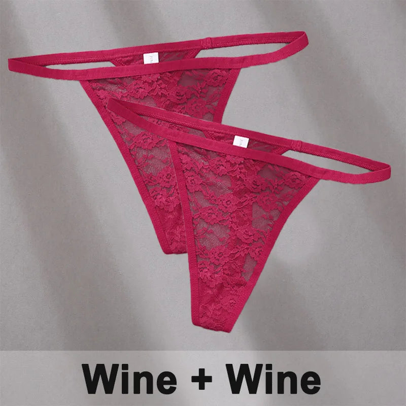 2PCS Sexy Lace Cotton Panties for Women G-String Underwear Perspective Thongs Solid Color Underpants Female Intimates Lingerie.