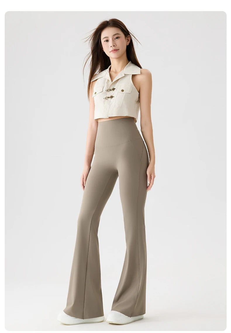 BIVIGAOS Naked Feeling Back Waist Pocket Sharkskin Micro Flared Leggings Women's Tight Sexy Sports Fitness Yoga Casual Pants.