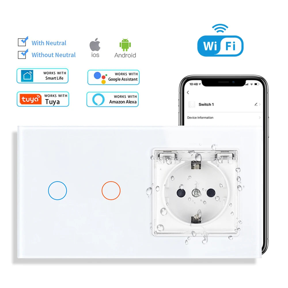 SRAN Smart Switch mit Wandsteckdose 16A EU, Tuya Smart Life Home Touch Sensor WiFi Lichtschalter Weiß