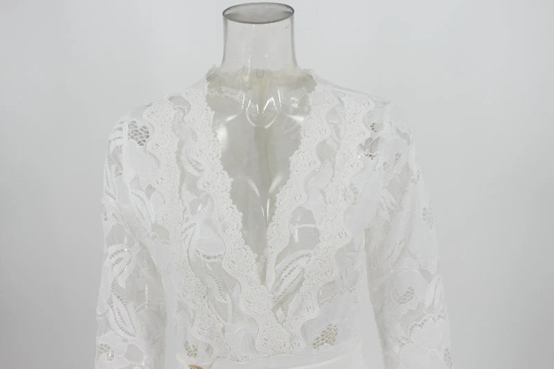 Women White Jumpsuit Lace Stitching Long Sleeve V-neck Large Size Wide Leg Pants Office Lady  Jumpsuits for Woman Lugentolo.