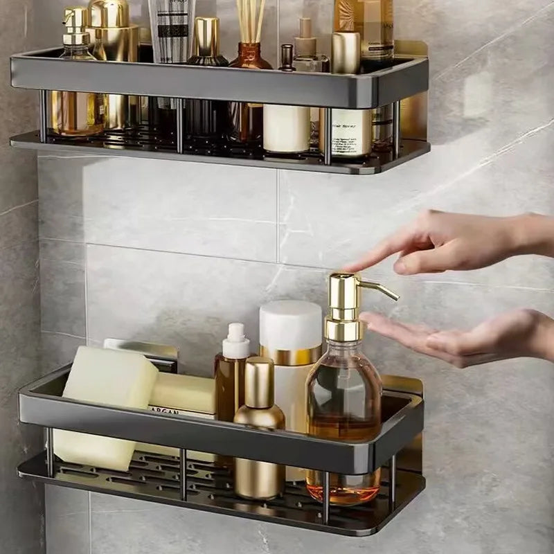 Goldene doppelte Aluminiumregale, keine Stanzlöcher, Badezimmer, Küche, Aufbewahrungsorganisator, langlebig, einfach zu installieren, platzsparend, modernes Design