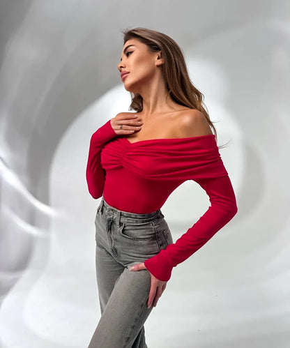 Talenza Sexy Ruched Top Women's One-Shoulder Long Sleeve Backless Solid Pullover Top Summer Female Office Lady Casual Top Women