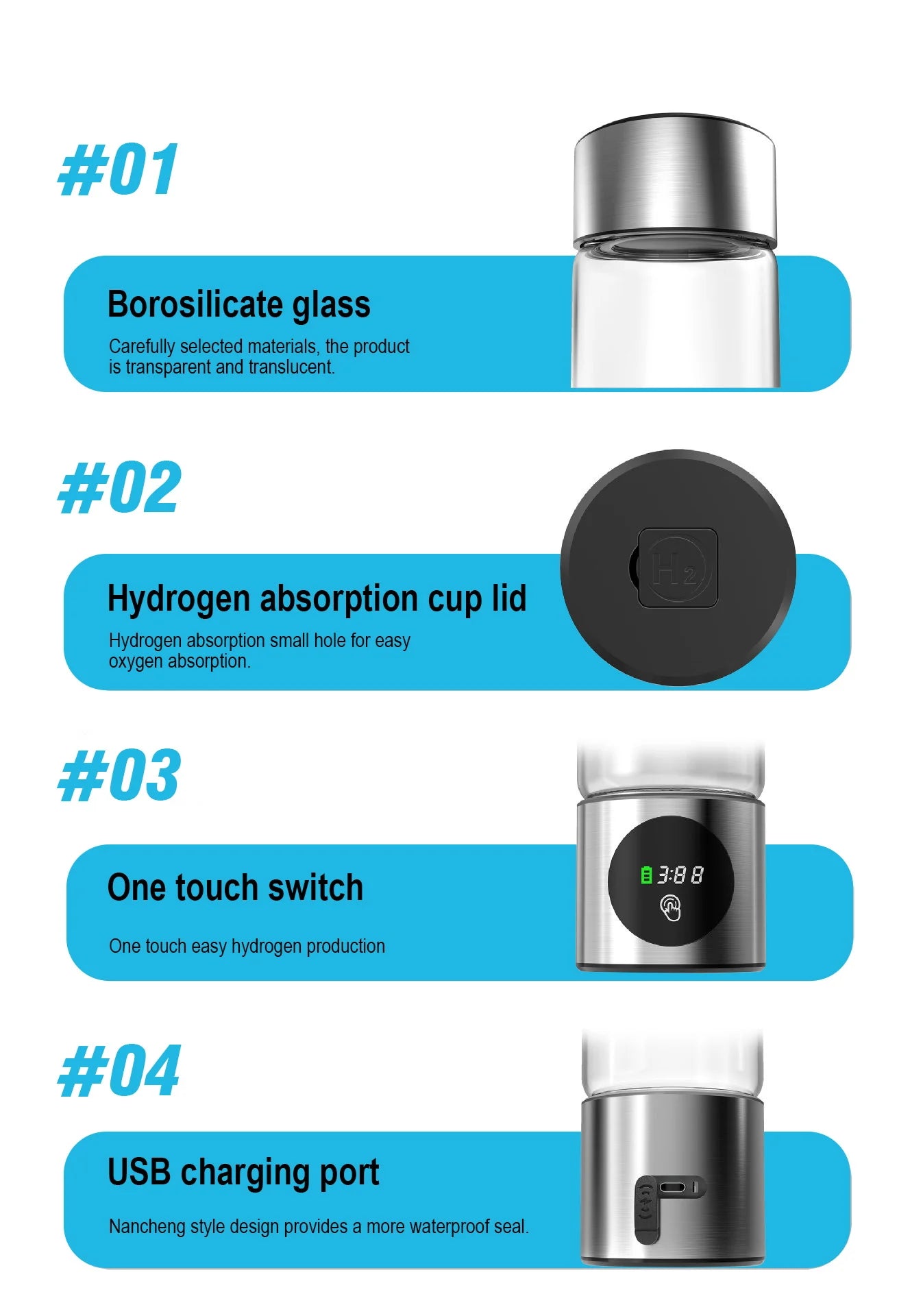 Portable Performance Hydrogen Water Generator Bottle SPE+PEM Dual Chamber lonizer + PPB&Time Display Electrolytic Hydrogen Water.