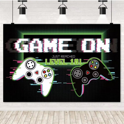 Game On Theme Video Gamer Kids Birthday Party Neon Green Gaming Next Level Up Background Baby Shower Decoration Supplies Props