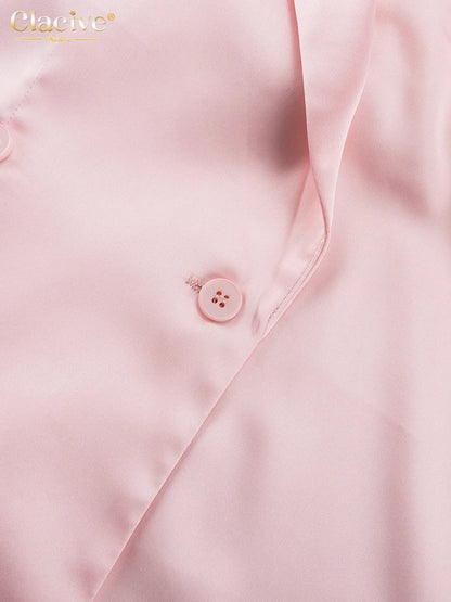 Clacive Fashion Loose Pink Satin Pants Sets For Women 2 Pieces Elegant Long Sleeve Shirt With High Waist Wide Trousers Suits.