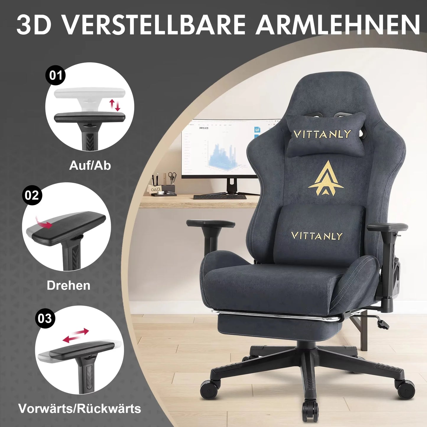 KITINJOY Gaming-Stuhl für Erwachsene mit Fußstütze, Lordosenstütze, Stoff, Computer-Bürostuhl, hohe Rückenlehne, ergonomischer Gamer-Stuhl