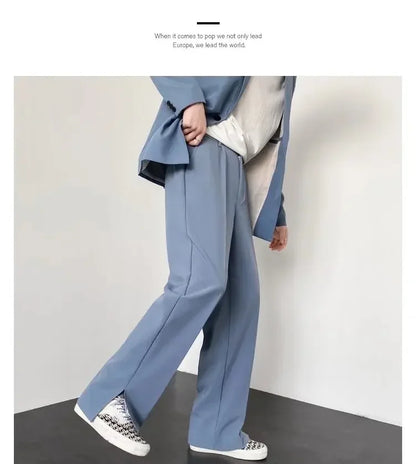 Men's Straight Baggy Casual Pants Korean Slit Personality Suit Trousers Fashion Formal Business Male Streetwear Gray Khaki Black.