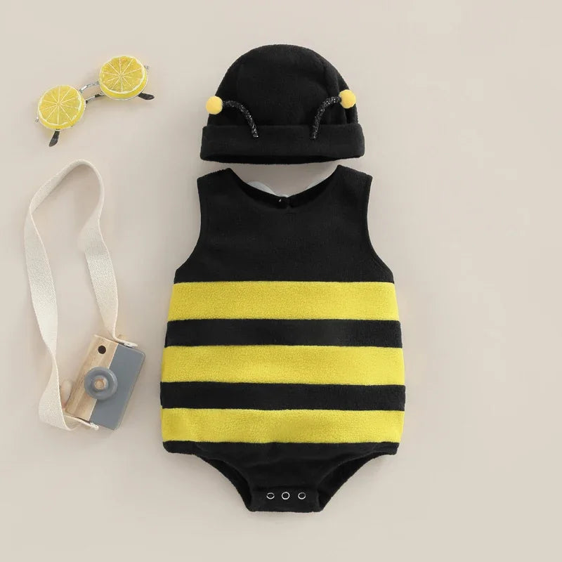 Baby Jungen Mädchen Biene Strampler Streifen Ärmellos Rücken Weiß Flügel Dekor Overalls Lässige Kostüm Kleidung Säuglingsbodysuits mit Hut.