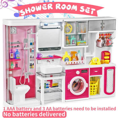 Pink Bathroom Playset with Shower, Vanity, Laundry Cabinet, and Ironing Board, Christmas/Thanksgiving/New Year Gift.