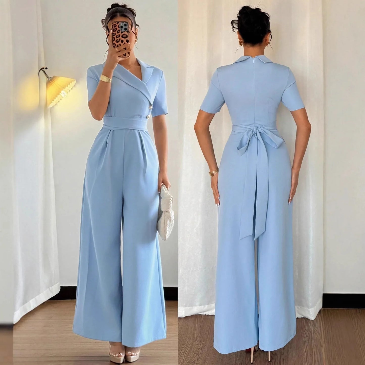 Elegant Blue Wrap Waist Belted Slim Fit Jumpsuit for Women Spring Summer Commute Style Polyester Fabric Three Quarter Sleeve.