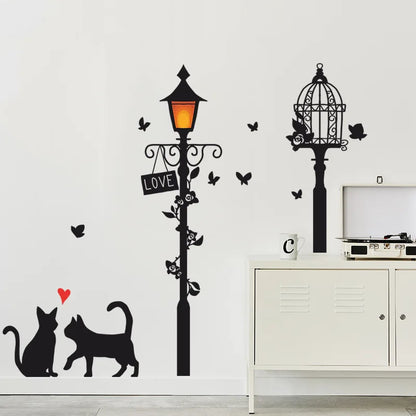 Cartoon Street Lamp Cat Wall Sticker Living Room Entrance Background Home Decoration Bedroom Decor Decal Self Adhesive Wallpaper.
