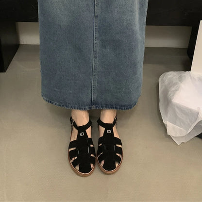 DIMANYU Women's Roman Sandals 2023 Summer New Flat Retro Real Leather Ladies Sandals Hollowed Women's Cage Shoes