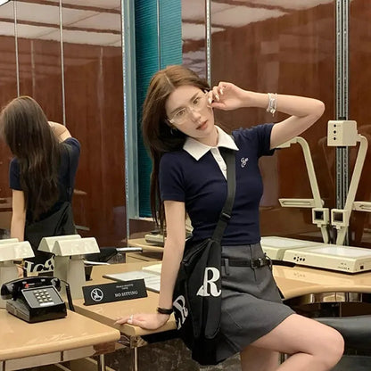 Slim Fit Short Sleeve Polo Neck T-Shirt Women's Sweet And Spicy Design Sensation Small Audience AE Stockpile Brand.