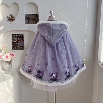 Anime Kuromi Lolita Kleid und Umhang Set Strickpullover Spleißen Mesh Prinzessin Kleid Partykleid Herbst Winter Urlaub Geschenk.