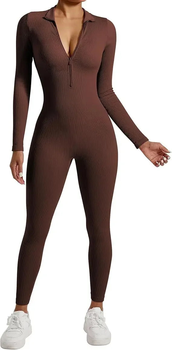 Seamless Long Sleeve Yoga Suit One-Piece Tightening Fitness Leisure Sports Jumpsuit with Zipper for Women