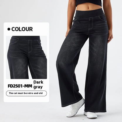 Women's New Large Size Denim Wide-Legged Trousers American High-Waisted Thin Straight Loose Casual Trousers Casual Jeans