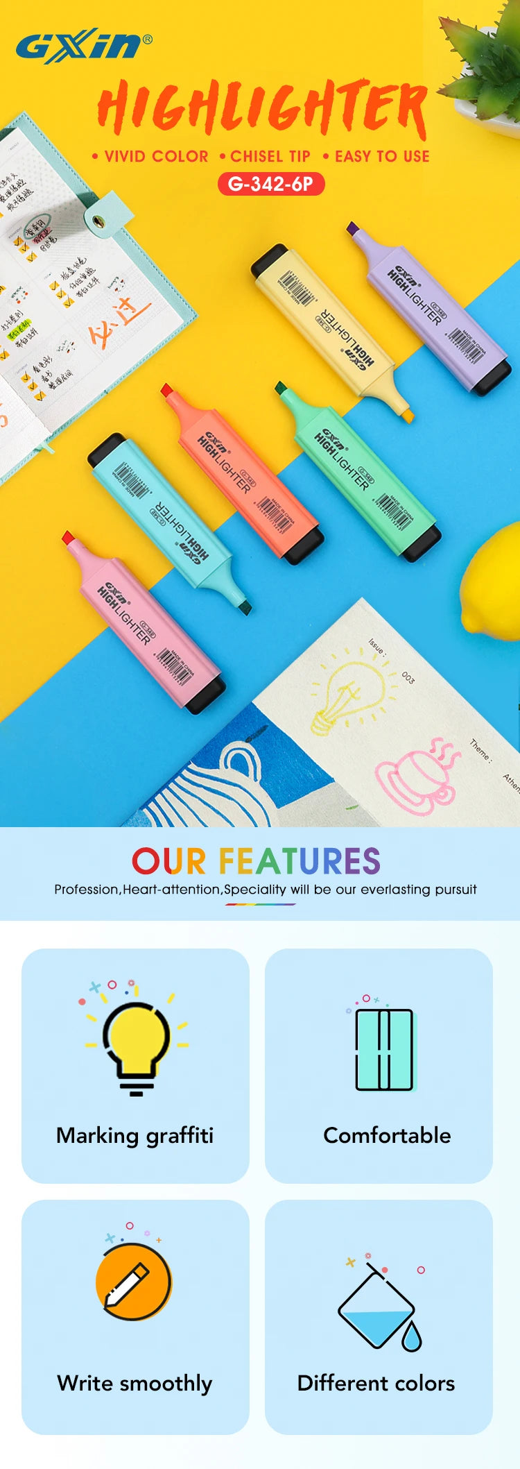 6 PCS Highlighter Marker 6 Fluoreszierende Makronen Farben, Hohe Qualität Rechteckige Marker Student Schreibwaren Büro Schule Kunst Verwenden.