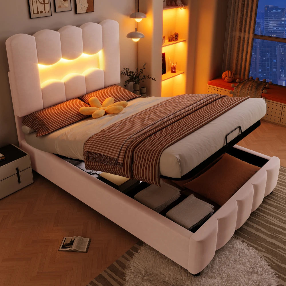 Modernes Polsterbett, 90 x 200 cm, ohne Matratze, LED-Beleuchtung, mit hydraulischem Gerät, verstellbarer Kopfteil, Samt, Grau