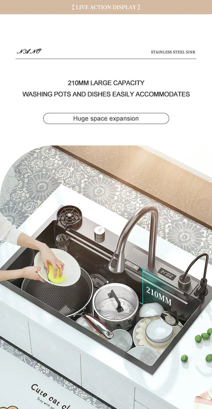 Waterfall Sink Kitchen Stainless Steel Topmount Sink Large Single Slot Wash Basin With Multifunction Touch Waterfall Faucet