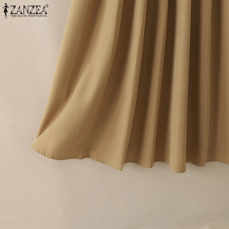 ZANZEA Elegante Frauen Plissee Midi Kleider Ausgestattet Taille Ärmel Solide Party Vestidos 2025, Sommer O Neck Pendeln Roben Femme.