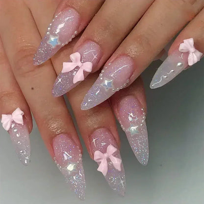 White Glitter Powder Bowknot Long Pointed Fake Nails Art Ballet False Nail Cow Print Pearl Rhinestone Pink Almond Press on Nails