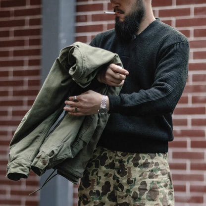 Bronson WWII USAAF Type A-1 Mechanic Sweater Men Heavyweight V-Neck Knit Jumper.